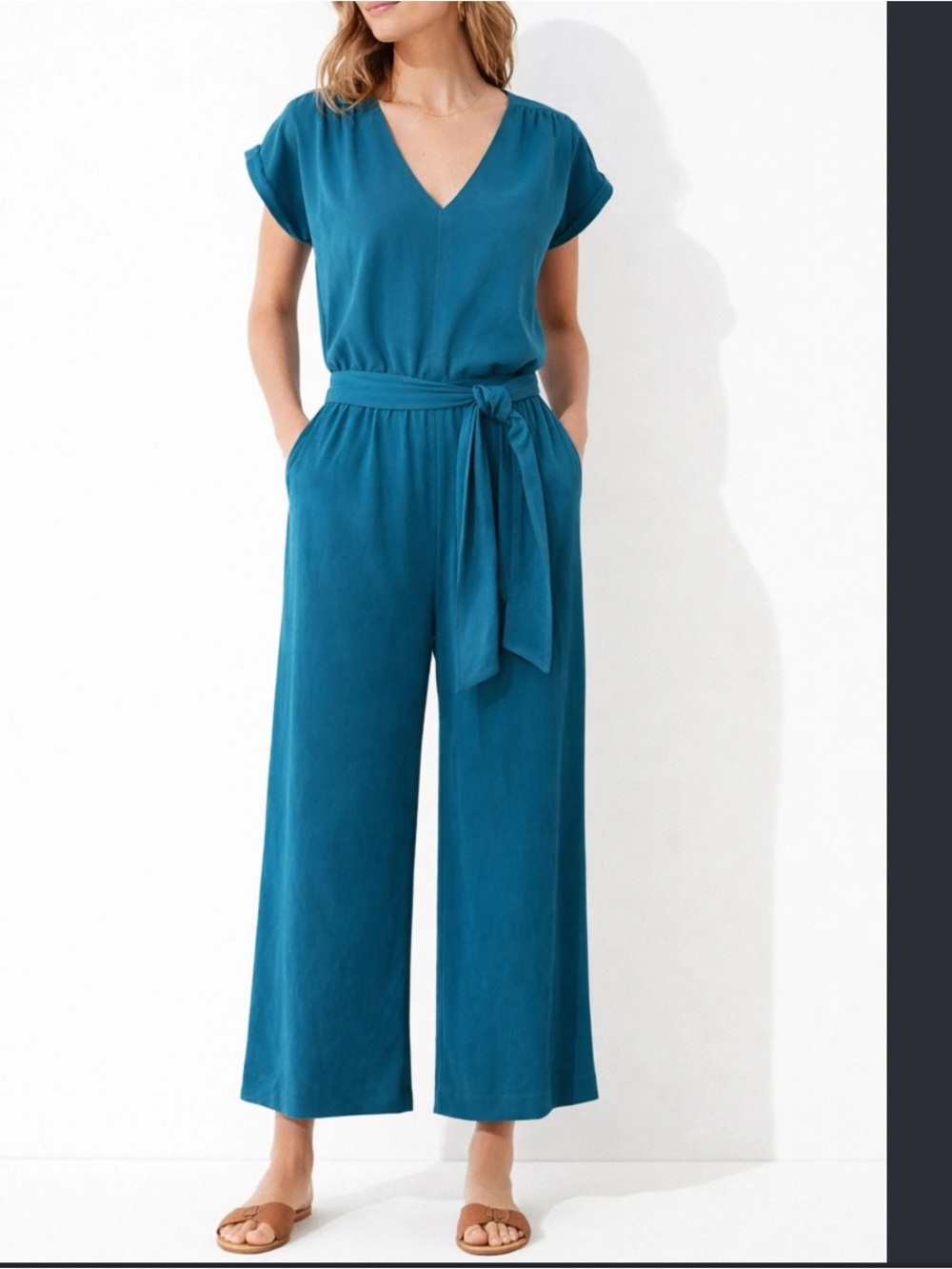 Lou & Grey SandWashed Wide Leg Jumpsuit V-neck Size Large Teal Blue Green